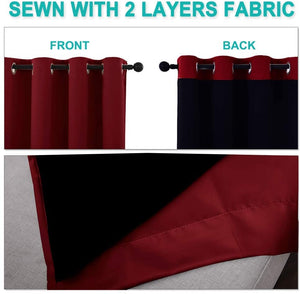 Bedroom Full Blackout Curtain Panels, Super Thick Insulated Grommet Drapes, Double-Layer Blackout Draperies with Black Liner for Small Window Set of 2 Panels Burgundy Red