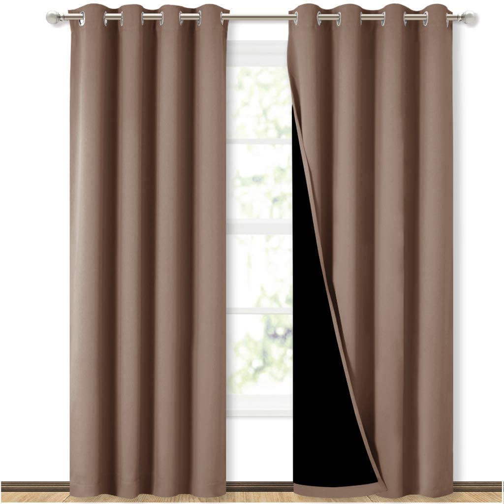 Bedroom Full Blackout Curtain Panels, Super Thick Insulated Grommet Drapes, Double-Layer Blackout Draperies with Black Liner for Small Window Set of 2 Panels Cappuccino