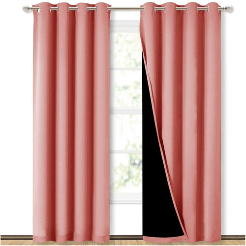 Bedroom Full Blackout Curtain Panels, Super Thick Insulated Grommet Drapes, Double-Layer Blackout Draperies with Black Liner for Small Window Set of 2 Panels Coral