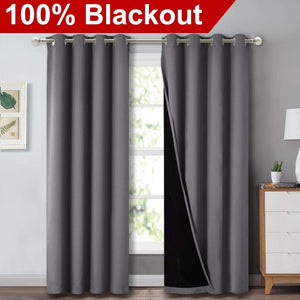 Bedroom Full Blackout Curtain Panels, Super Thick Insulated Grommet Drapes, Double-Layer Blackout Draperies with Black Liner for Small Window Set of 2 Panels  Grey
