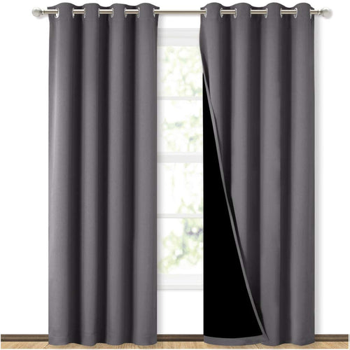 Bedroom Full Blackout Curtain Panels, Super Thick Insulated Grommet Drapes, Double-Layer Blackout Draperies with Black Liner for Small Window Set of 2 Panels  Grey