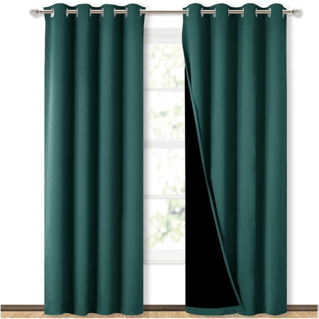Bedroom Full Blackout Curtain Panels, Super Thick Insulated Grommet Drapes, Double-Layer Blackout Draperies with Black Liner for Small Window Set of 2 Panels  Hunter Green
