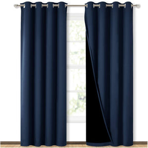 Bedroom Full Blackout Curtain Panels, Super Thick Insulated Grommet Drapes, Double-Layer Blackout Draperies with Black Liner for Small Window Set of 2 Panels Navy