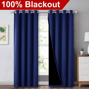 Bedroom Full Blackout Curtain Panels, Super Thick Insulated Grommet Drapes, Double-Layer Blackout Draperies with Black Liner for Small Window Set of 2 Panels Navy Blue