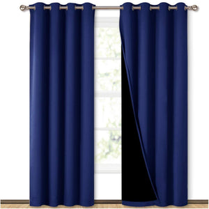 Bedroom Full Blackout Curtain Panels, Super Thick Insulated Grommet Drapes, Double-Layer Blackout Draperies with Black Liner for Small Window Set of 2 Panels Navy Blue