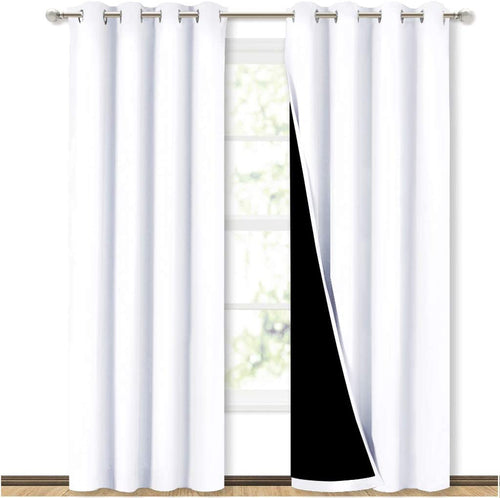 Bedroom Full Blackout Curtain Panels, Super Thick Insulated Grommet Drapes, Double-Layer Blackout Draperies with Black Liner for Small Window Set of 2 Panels Pure White
