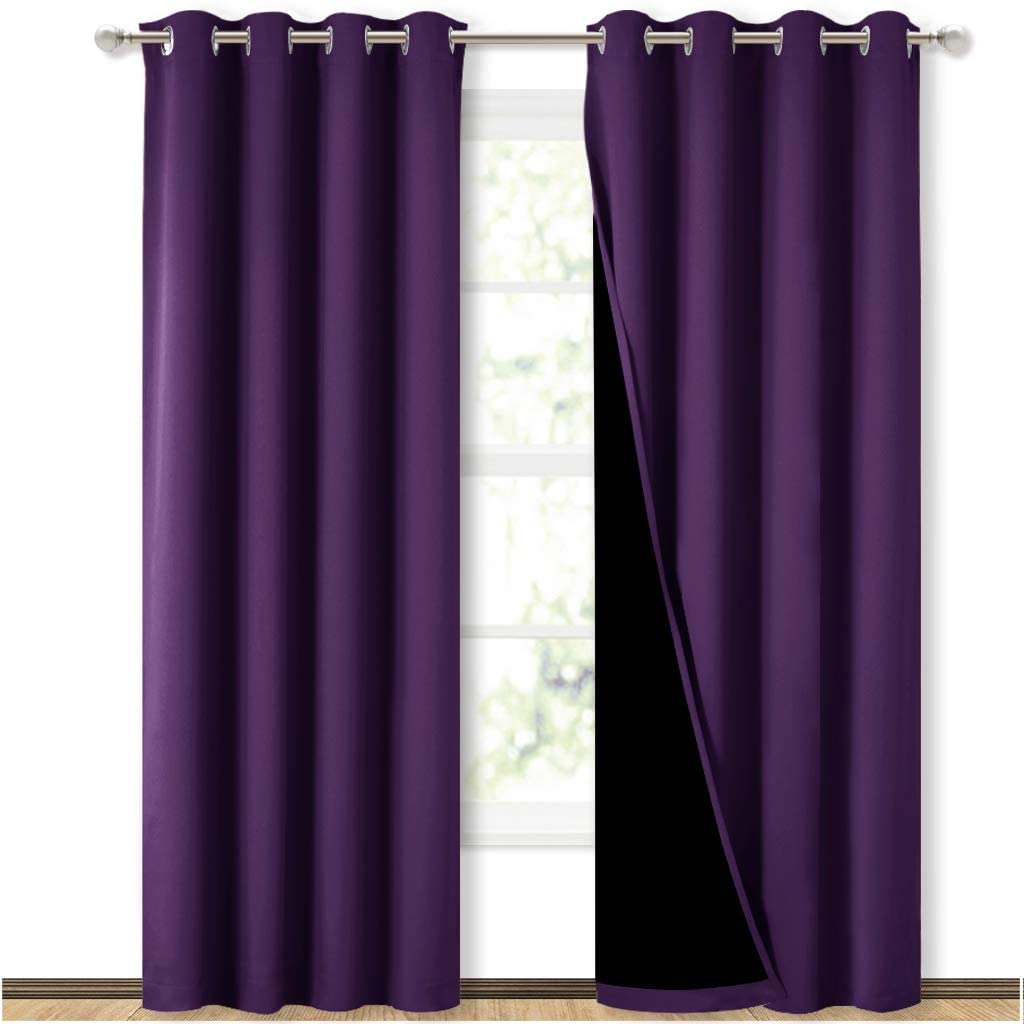 Bedroom Full Blackout Curtain Panels, Super Thick Insulated Grommet Drapes, Double-Layer Blackout Draperies with Black Liner for Small Window Set of 2 Panels Royal Purple