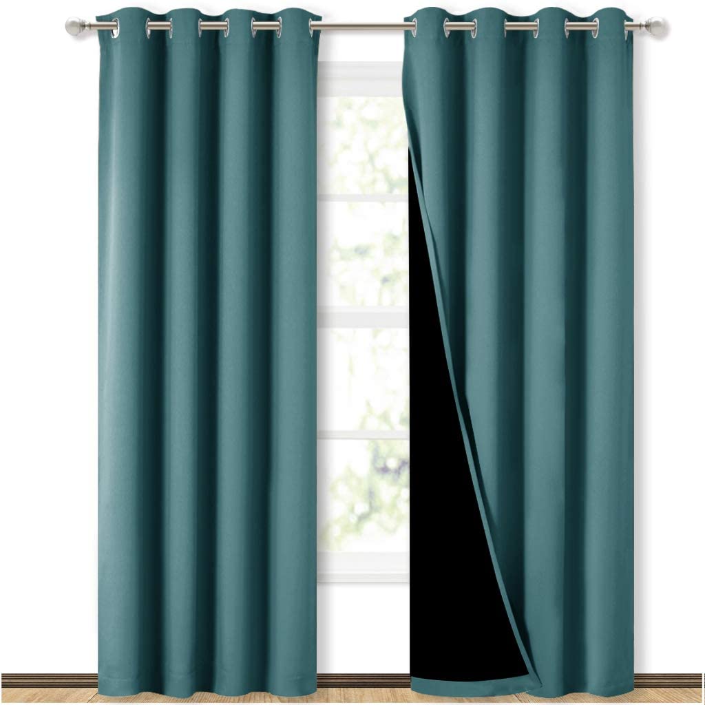 Bedroom Full Blackout Curtain Panels, Super Thick Insulated Grommet Drapes, Double-Layer Blackout Draperies with Black Liner for Small Window Set of 2 Panels  Sea Teal
