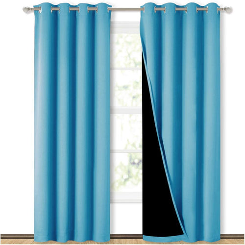 Bedroom Full Blackout Curtain Panels, Super Thick Insulated Grommet Drapes, Double-Layer Blackout Draperies with Black Liner for Small Window Set of 2 Panels Teal Blue