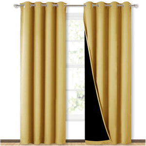 Bedroom Full Blackout Curtain Panels, Super Thick Insulated Grommet Drapes, Double-Layer Blackout Draperies with Black Liner for Small Window Set of 2 Panels Yellow