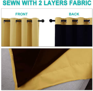 Bedroom Full Blackout Curtain Panels, Super Thick Insulated Grommet Drapes, Double-Layer Blackout Draperies with Black Liner for Small Window Set of 2 Panels Yellow