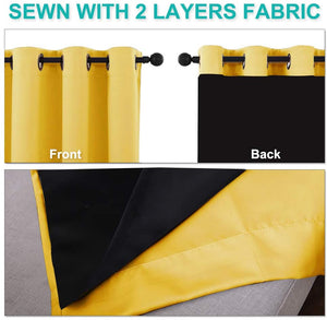 Bedroom Full Blackout Curtain Panels, Super Thick Insulated Grommet Drapes, Double-Layer Blackout Draperies with Black Liner for Small Window Set of 2 Panels Bright Yellow