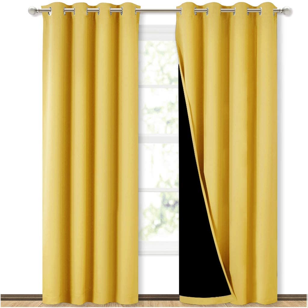 Bedroom Full Blackout Curtain Panels, Super Thick Insulated Grommet Drapes, Double-Layer Blackout Draperies with Black Liner for Small Window Set of 2 Panels Bright Yellow