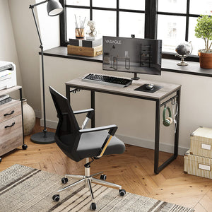 ALINRU 39-Inch Computer Desk with 8 Hooks, For Study, Home Office, Easy Assembly, Steel Frame, 39.4", Greige