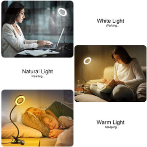 Desk Lamp Clip Light, Woputne 10 Dimmable Brightness 3 Light Modes Reading Light, Clamp Bedside Lamp for Video, Study, Painting, Piano, Craft, Study, Work (Black)