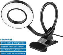 Load image into Gallery viewer, Desk Lamp Clip Light, Woputne 10 Dimmable Brightness 3 Light Modes Reading Light, Clamp Bedside Lamp for Video, Study, Painting, Piano, Craft, Study, Work (Black)