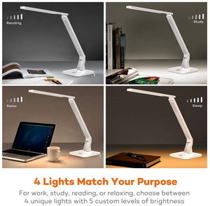 TT-DL02 LED Desk Lamp with USB Charging Port, 4 Lighting Modes with 5 Brightness Levels, 1h Timer, Touch Control, Memory Function, White, 14W, Official Member of Philips Enabled Licensing