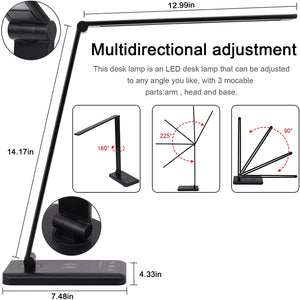 LED Desk Lamp with Wireless Charger, USB Charging Port, 5 Brightness Levels, 5 Lighting Modes, Touch Control, 30/60 min Auto Timer, Eye-Caring Office Lamp with Adapter (Black)