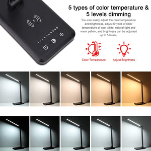 LED Desk Lamp with Wireless Charger, USB Charging Port, 5 Brightness Levels, 5 Lighting Modes, Touch Control, 30/60 min Auto Timer, Eye-Caring Office Lamp with Adapter (Black)