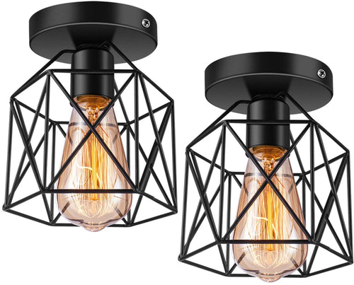Semi-Flush Mount Ceiling Light E26 E27 Retro Black Industrial Ceiling Light Fixture for Porch Hallway Kitchen Farmhouse Lighting 2 Pack