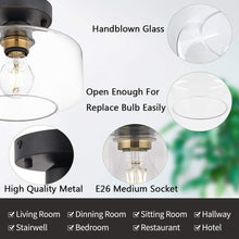 Load image into Gallery viewer, Semi Flush Ceiling Light, Brass Accent Socket, Upgraded Canopy, Matte Black Ceiling Light Fixture with Clear Glass for Hallway, Entryway, Dining Room, Bedroom,Living Room