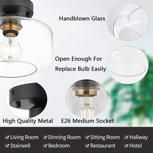 Semi Flush Ceiling Light, Brass Accent Socket, Upgraded Canopy, Matte Black Ceiling Light Fixture with Clear Glass for Hallway, Entryway, Dining Room, Bedroom,Living Room