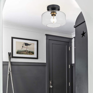 Semi Flush Ceiling Light, Brass Accent Socket, Upgraded Canopy, Matte Black Ceiling Light Fixture with Clear Glass for Hallway, Entryway, Dining Room, Bedroom,Living Room