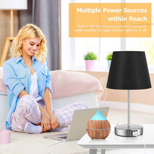 Load image into Gallery viewer, Touch Control Table Lamp with 2 USB Ports and AC Outlet, 3 Way Dimmable Modern Bedside Nightstand Lamp with Black Fabric Shade &amp; Satin Nickle Base for Bedroom Living Room Office, LED Bulb Included