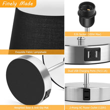 Load image into Gallery viewer, Touch Control Table Lamp with 2 USB Ports and AC Outlet, 3 Way Dimmable Modern Bedside Nightstand Lamp with Black Fabric Shade &amp; Satin Nickle Base for Bedroom Living Room Office, LED Bulb Included