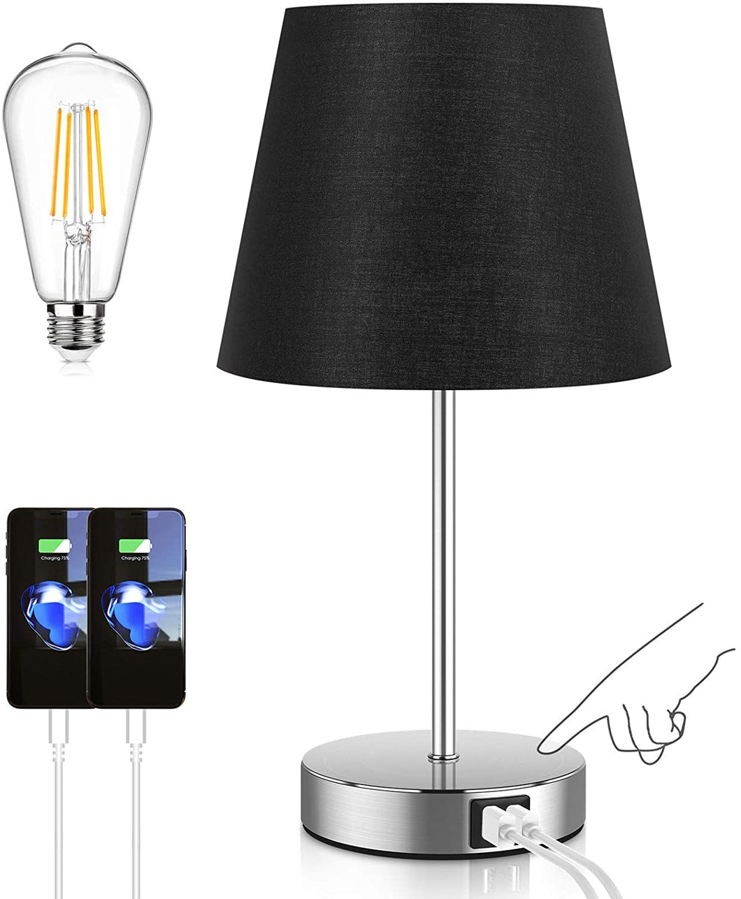 Touch Control Table Lamp with 2 USB Ports and AC Outlet, 3 Way Dimmable Modern Bedside Nightstand Lamp with Black Fabric Shade & Satin Nickle Base for Bedroom Living Room Office, LED Bulb Included