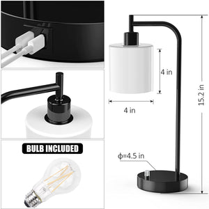 Table Lamp, Industrial Table Lamp with White Jade Glass Shade, LED Bulb Included, with Dimmable Function, Type C USB Port ,Nightstand Reading Lamps for Bedside, Study Room, Office (Black)
