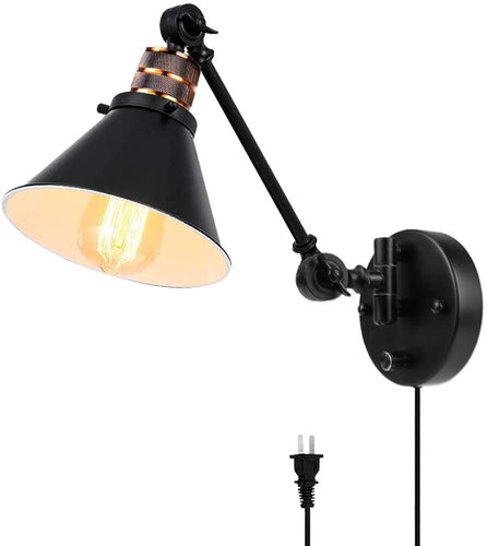 Plug in Wall Sconces, PARTPHONER Swing Arm Wall Lamp with Dimmable On Off Switch, Metal Black Vintage Industrial Wall Mounted Lighting Reading Light Fixture for Bedside Bedroom Indoor Doorway