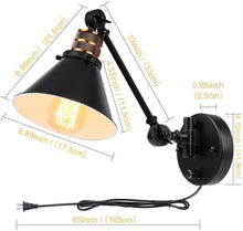 Load image into Gallery viewer, Plug in Wall Sconces, PARTPHONER Swing Arm Wall Lamp with Dimmable On Off Switch, Metal Black Vintage Industrial Wall Mounted Lighting Reading Light Fixture for Bedside Bedroom Indoor Doorway