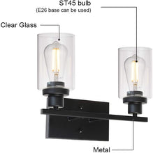 Load image into Gallery viewer, 2-Light Black Wall Sconce Industrial Vintage with Clear Glass Shade and Metal Base, Bathroom Vanity Lights Hallway Light Fixture Sconces Wall Lighting