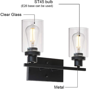 2-Light Black Wall Sconce Industrial Vintage with Clear Glass Shade and Metal Base, Bathroom Vanity Lights Hallway Light Fixture Sconces Wall Lighting