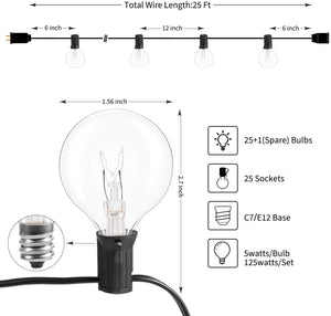 Outdoor String Lights 25 Feet G40 Globe Patio Lights with 26 Edison Glass Bulbs(1 Spare), Waterproof Connectable Hanging Lights for Backyard Porch Balcony Party Decor, E12 Socket Base, Black
