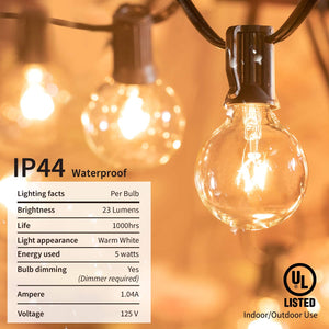 Outdoor String Lights 25 Feet G40 Globe Patio Lights with 26 Edison Glass Bulbs(1 Spare), Waterproof Connectable Hanging Lights for Backyard Porch Balcony Party Decor, E12 Socket Base, Black