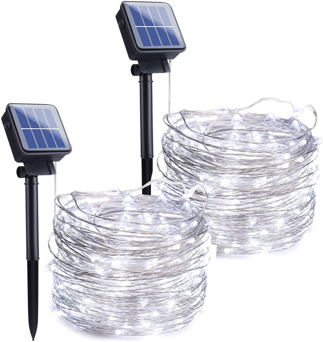 Outdoor Solar String Lights, 2 Pack 33 Feet 100 Led Solar Powered Fairy Lights with 8 Lighting Modes Waterproof Decoration Copper Wire Lights for Patio Yard Trees Christmas Wedding Party (Pure White)