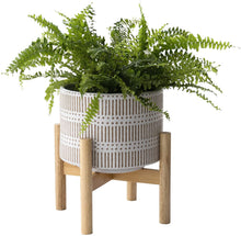 Load image into Gallery viewer, Ceramic Plant Pot with Wood Stand - 7.3 Inch Modern Round Decorative Flower Pot Indoor with Wood Planter Holder, Beige and White