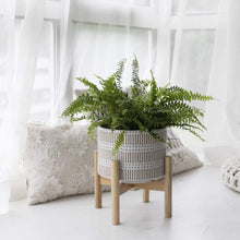 Load image into Gallery viewer, Ceramic Plant Pot with Wood Stand - 7.3 Inch Modern Round Decorative Flower Pot Indoor with Wood Planter Holder, Beige and White