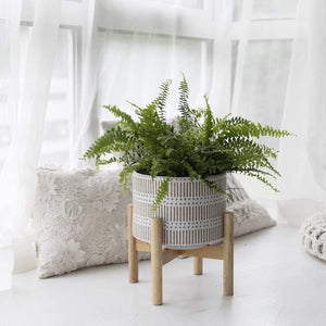 Ceramic Plant Pot with Wood Stand - 7.3 Inch Modern Round Decorative Flower Pot Indoor with Wood Planter Holder, Beige and White