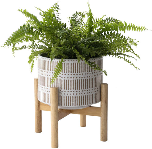 Ceramic Plant Pot with Wood Stand - 7.3 Inch Modern Round Decorative Flower Pot Indoor with Wood Planter Holder, Beige and White