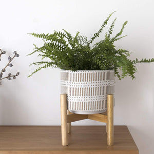 Ceramic Plant Pot with Wood Stand - 7.3 Inch Modern Round Decorative Flower Pot Indoor with Wood Planter Holder, Beige and White