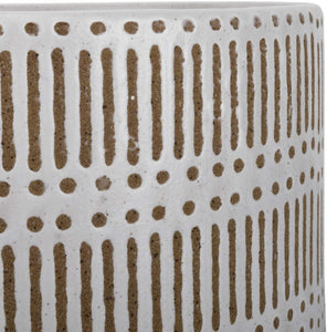 Ceramic Plant Pot with Wood Stand - 7.3 Inch Modern Round Decorative Flower Pot Indoor with Wood Planter Holder, Beige and White