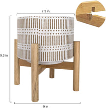 Load image into Gallery viewer, Ceramic Plant Pot with Wood Stand - 7.3 Inch Modern Round Decorative Flower Pot Indoor with Wood Planter Holder, Beige and White