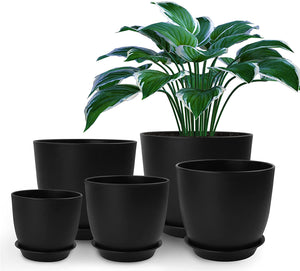 Plastic Planter with Saucers,8/7/6/5.5/5 Inch Flower Pot Indoor Modern Decorative Plastic Pots for Plants with Drainage Hole and Tray for All House Plants, Flowers, and Cactus, Black
