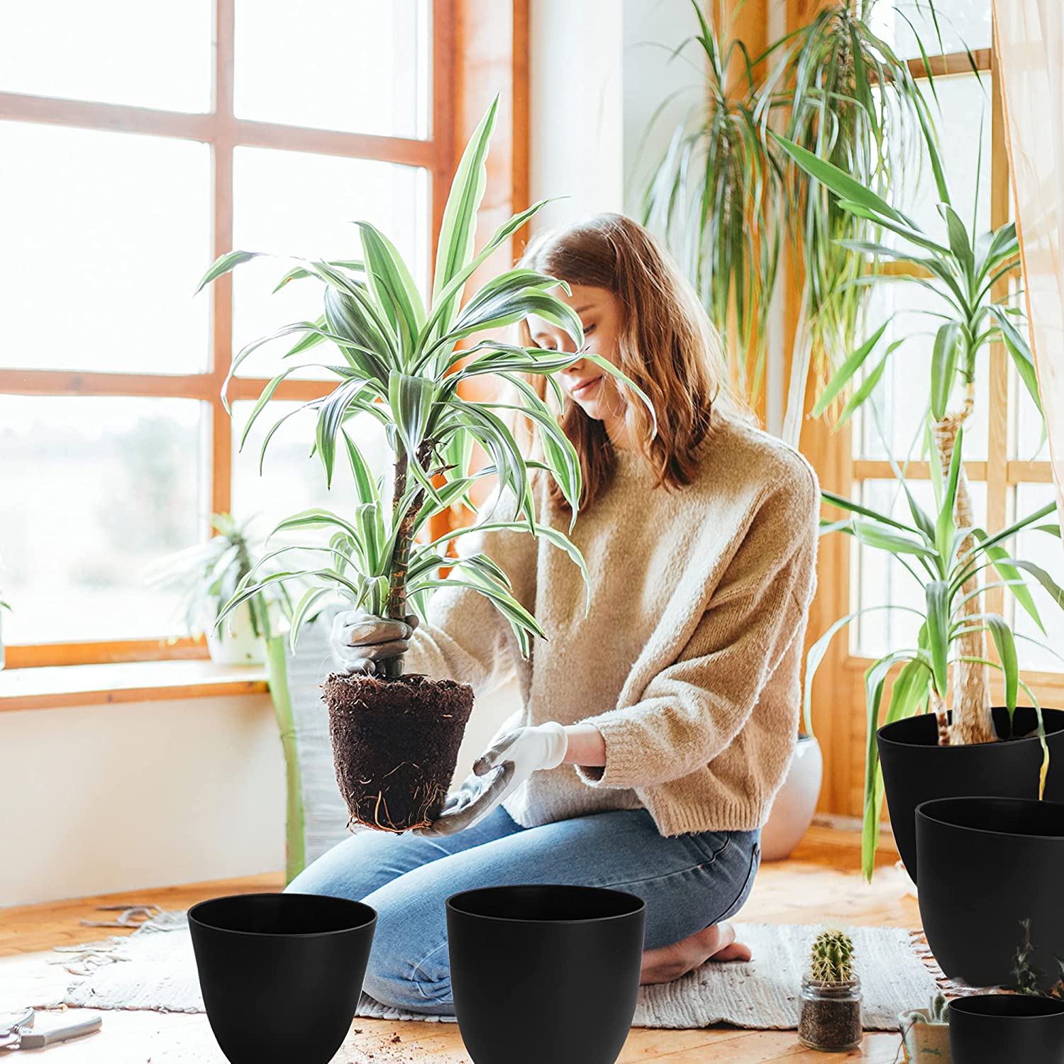 plastic pots for indoor plants Plastic Planter with Saucers,8/7/6/5.5/5 Inch Flower Pot Indoor Modern – TreeLen