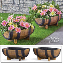 Load image into Gallery viewer, Rustic Half Barrel Planters - Set of 2, Weather Resistant Decorative Accent with Removable Drain Screen