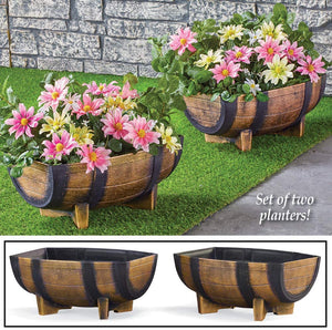 Rustic Half Barrel Planters - Set of 2, Weather Resistant Decorative Accent with Removable Drain Screen