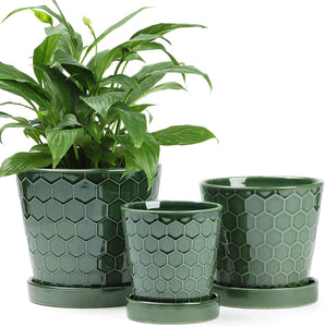 Succulent Planter –4”+5”+6” inch Ceramic Flower Pot with Drainage Holes and Ceramic Tray - Gardening Home Desktop Office Windowsill Decoration Gift Set 3 - Plants NOT Included (Patina)